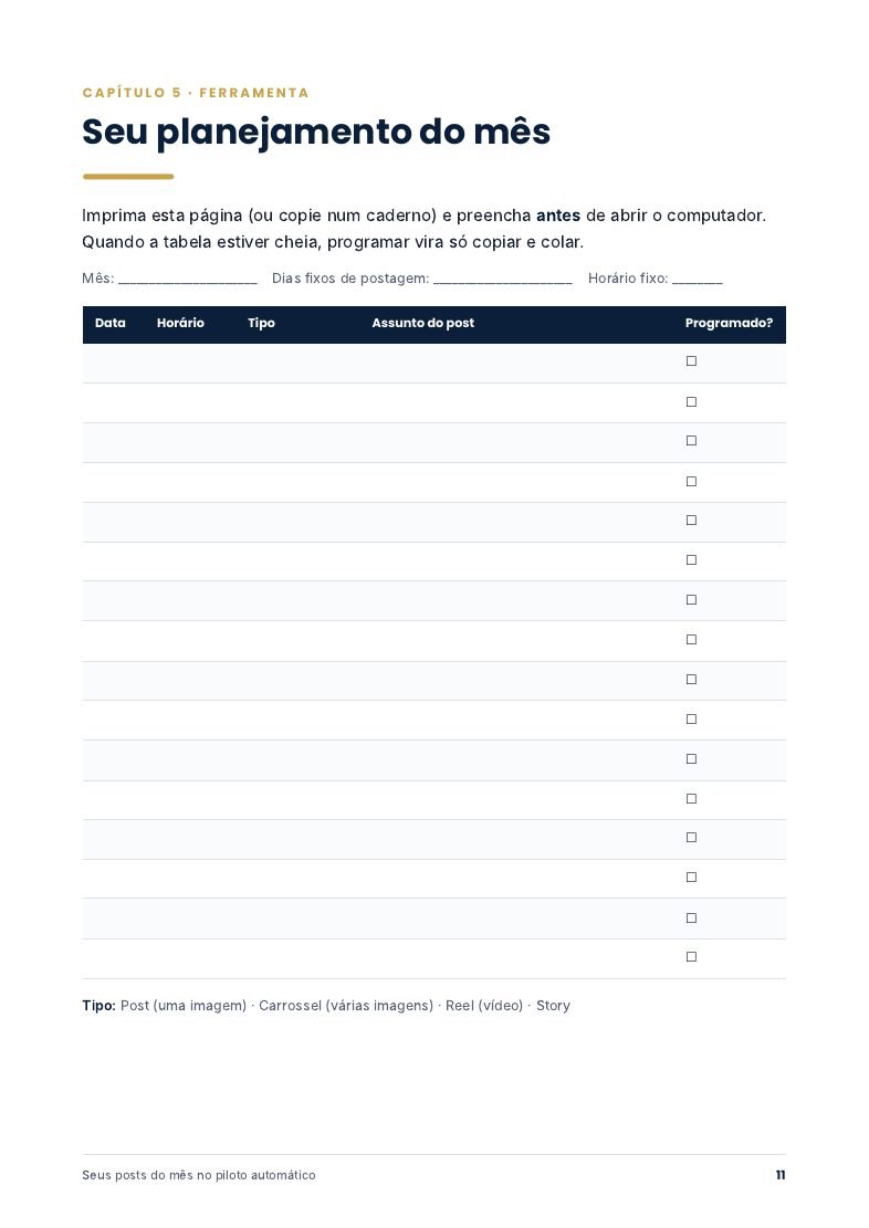 Tabela de planejamento do mês para imprimir